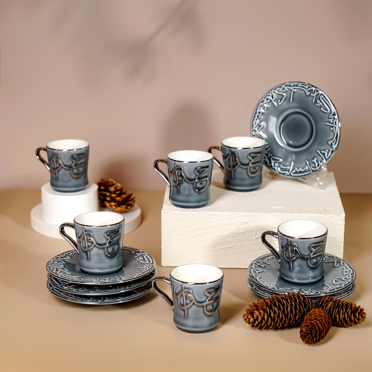 Jiwar - Esspresso/Turkish Coffee Set (12-Pc)- Haze Blue & Silver
