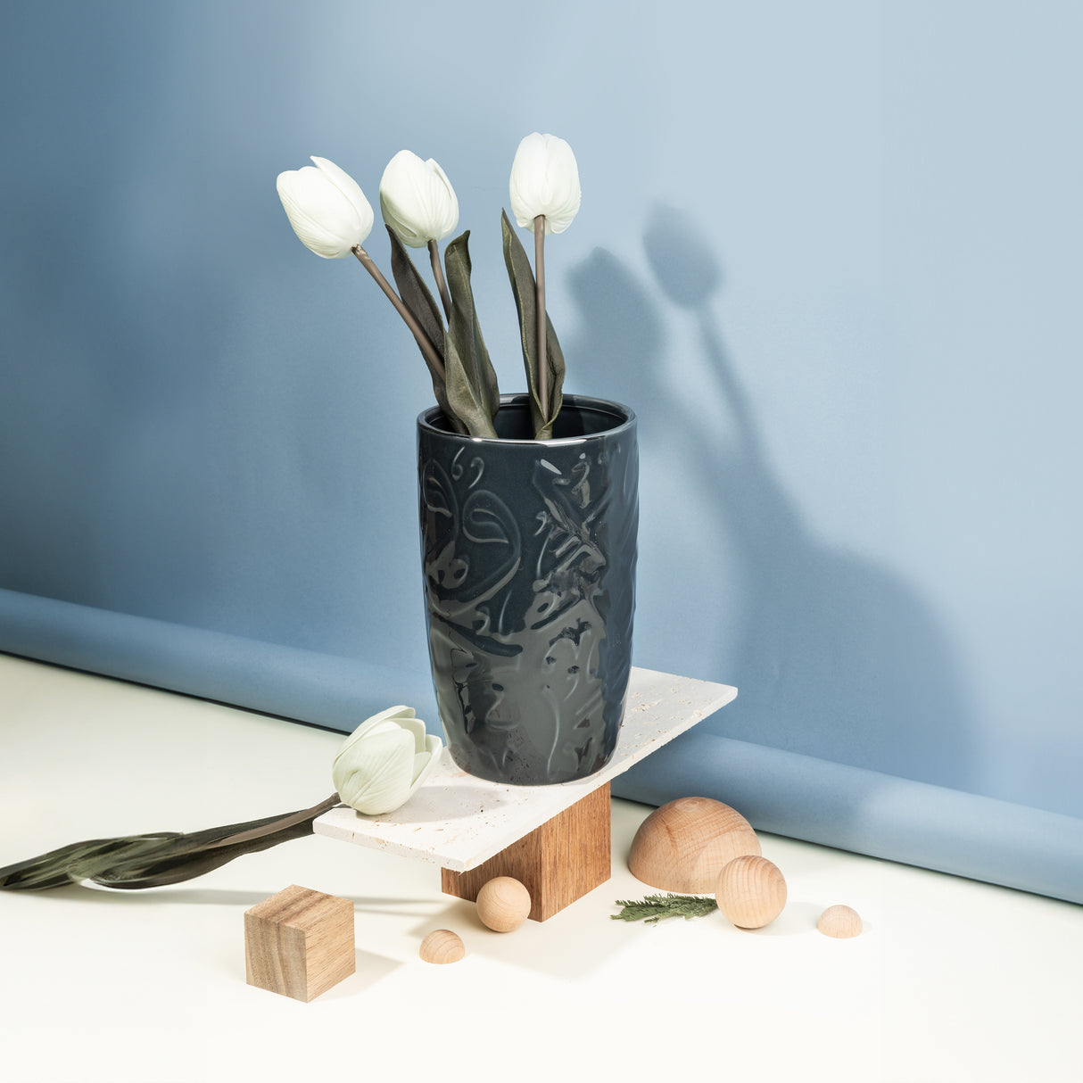 Diwan - Medium Decorative Vase  - Dark Blue & Silver