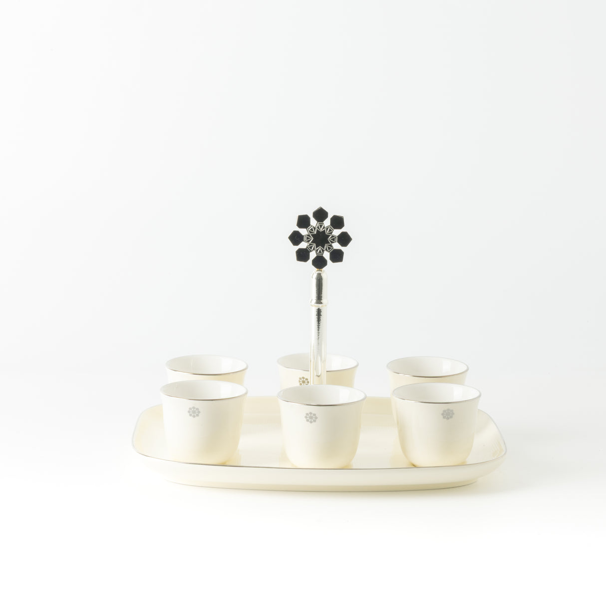 Mirral - Arabic Coffee Cups With Holder - White & Silver
