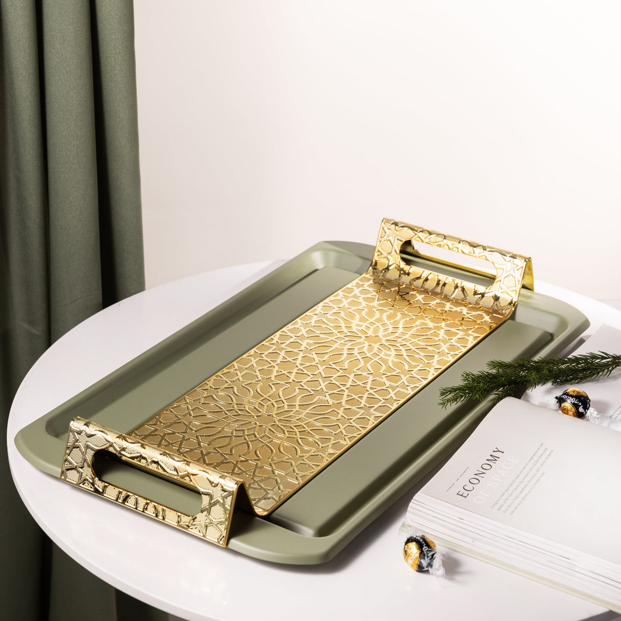 Asala - Serving Tray - Olive Green & Gold