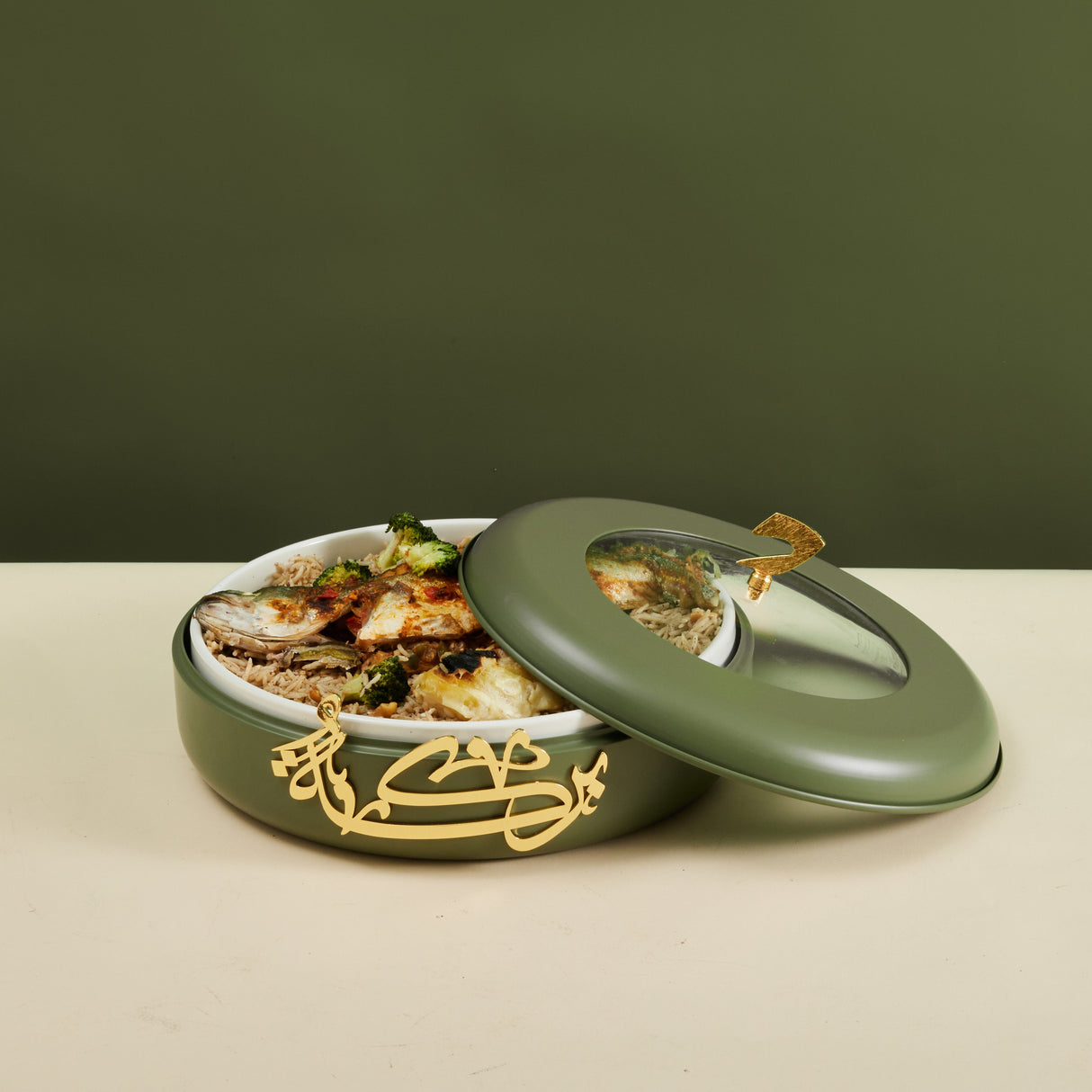 Diwan de lujo - Servidor de buffet grande - Verde oliva y dorado