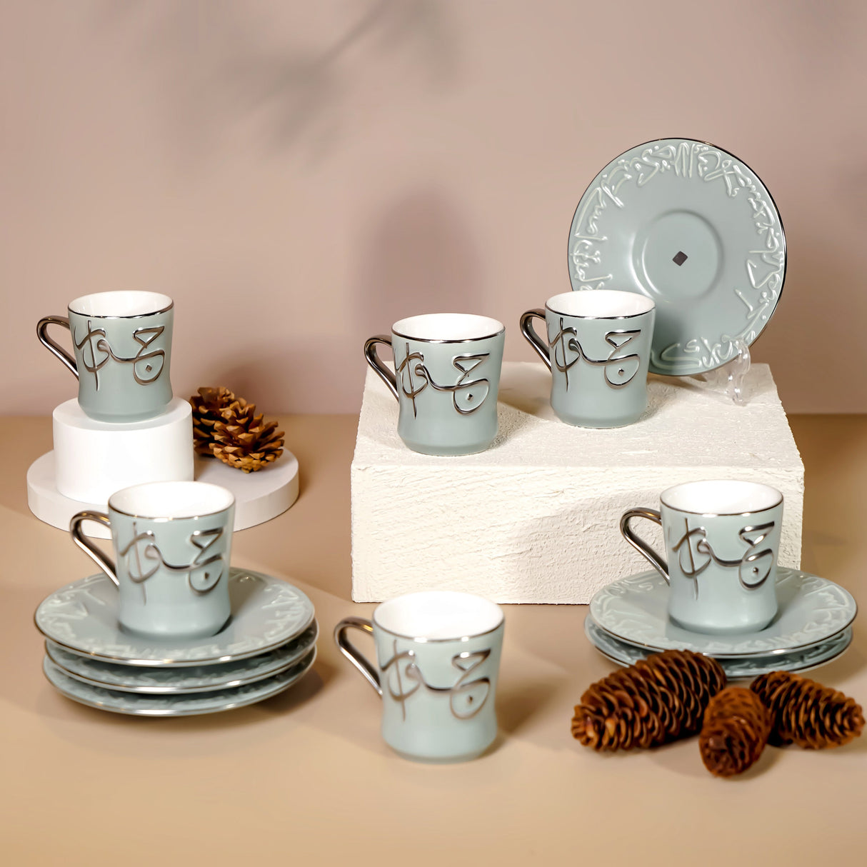 Jiwar - Esspresso/Turkish Coffee Set (12-Pc) - Mint Green & Silver