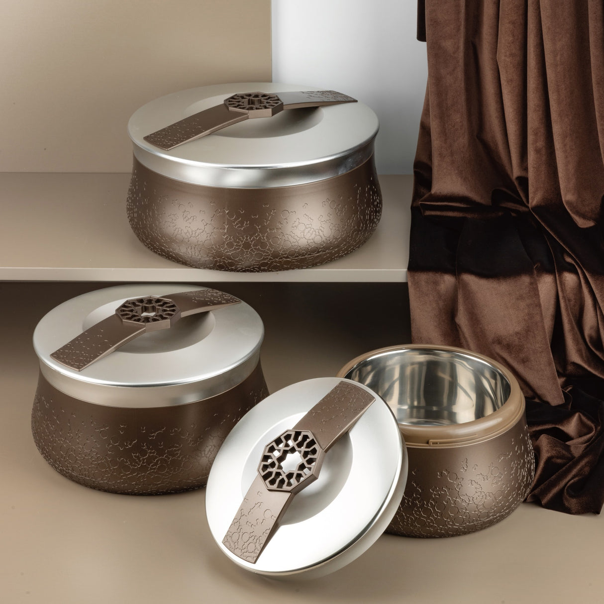 Nourhan - Food Thermos/ Warm Serv (Set of 3) - Bronze & Silver