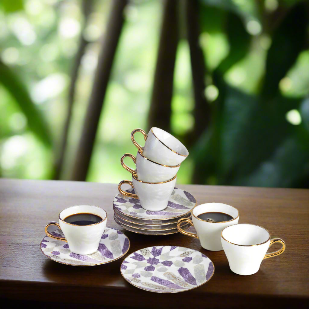 Amal - Tazas de café expreso/turco, (12 piezas) - Púrpura y dorado