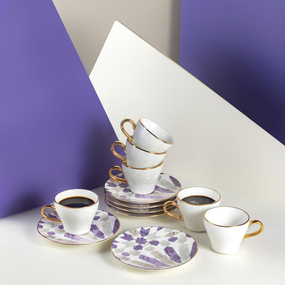 Amal - Tazas de capuchino, (12 piezas) - Púrpura y dorado