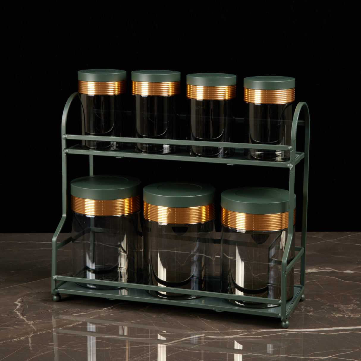 Luxury Majlis - 6 Jar Spice with 2 Tier Rack - Green & Gold