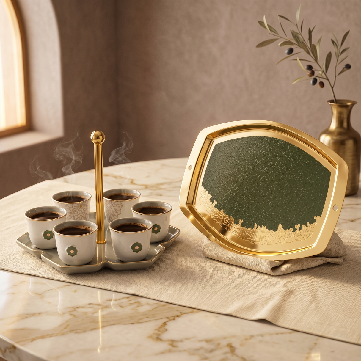 The Elegant Arabic Coffee Set – Olive Green & Gold