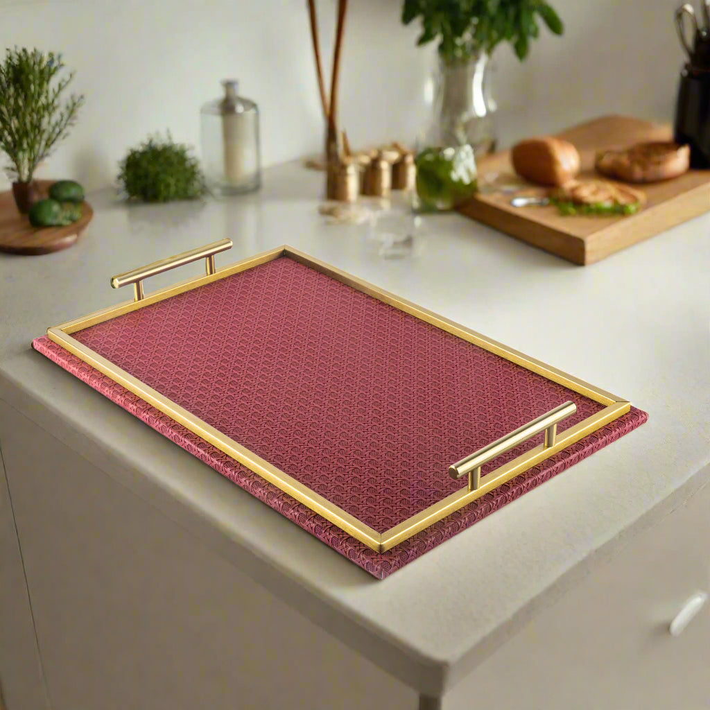 Rattan- Leather Serving Tray- Red & Gold