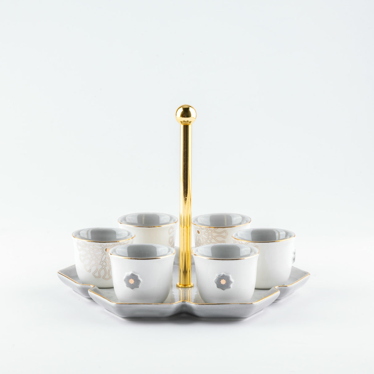 Asala - Arabic Coffee Cups With Holder - Grey & Gold