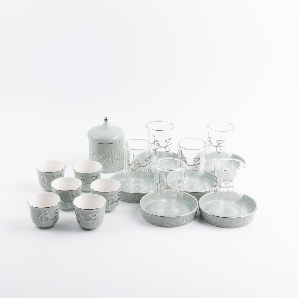 Jiwar - Tea Set (19-Pc) - Mint Green & Silver