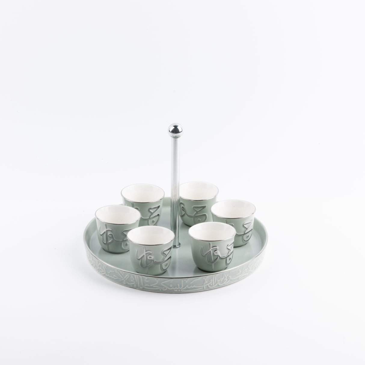 Jiwar - Arabic Coffee Cups With Holder - Mint Green & Silver