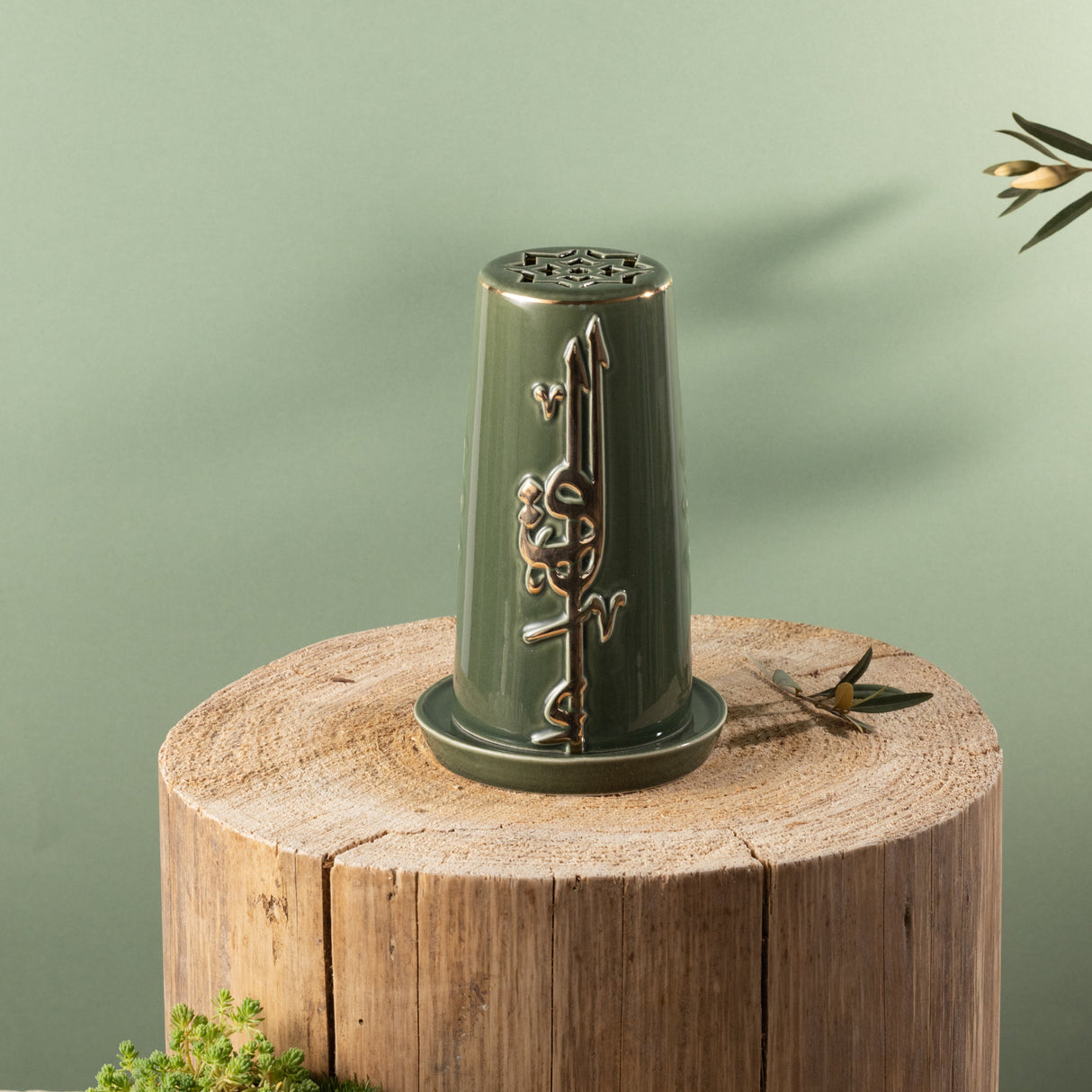 Liqa'a - Small Lantern Candle Holder - Olive Green & Gold