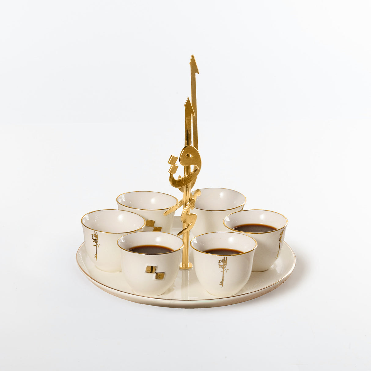 Liqa'a - Arabic Coffee Cups With Holder - Pearl White & Gold
