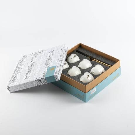 Liqa'a - Arabic Coffee Cups With Holder - Pearl White & Gold