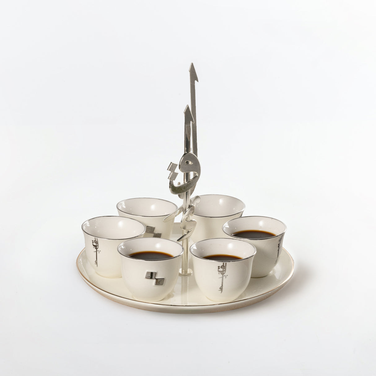 Liqa'a - Arabic Coffee Cups With Holder - Pearl White & Silver