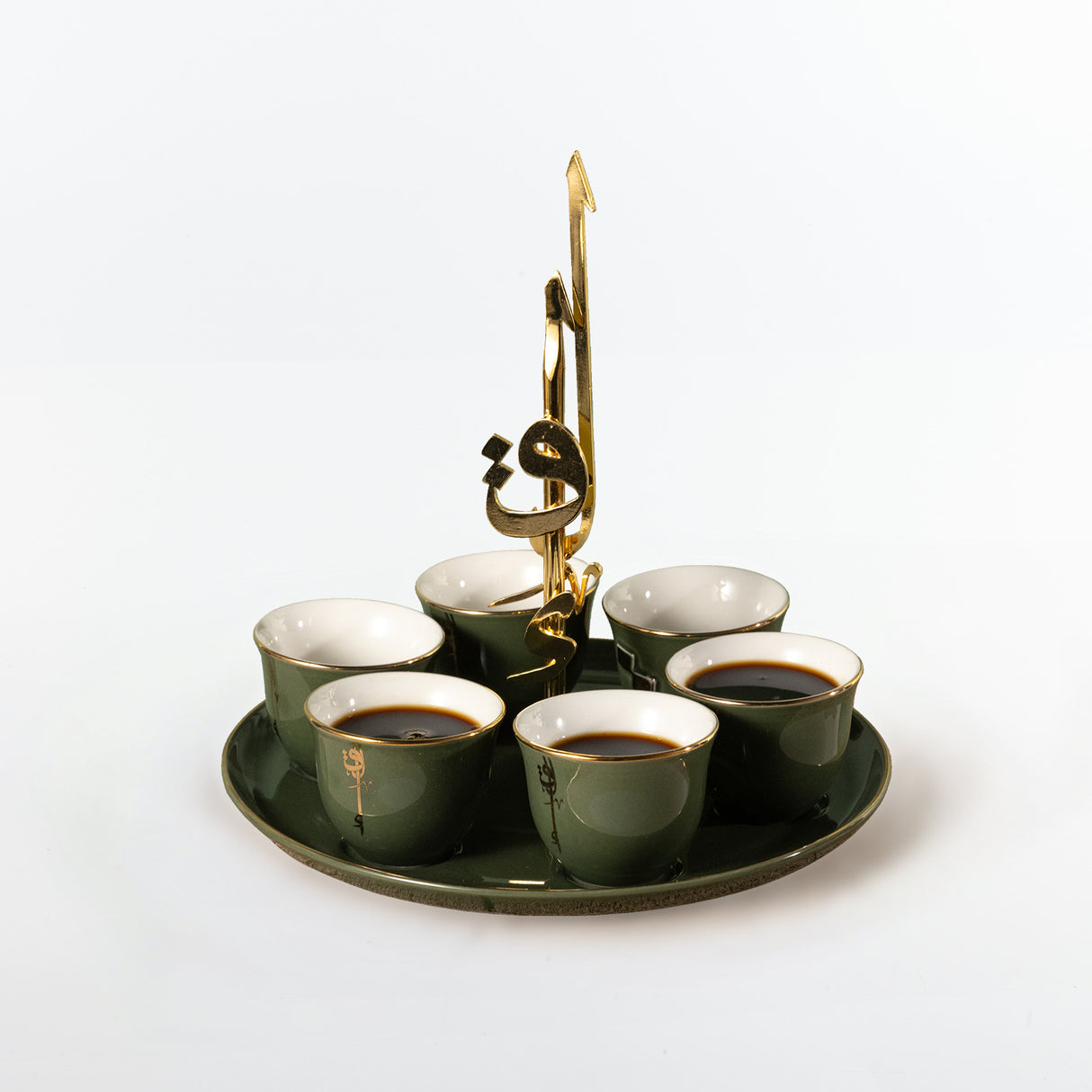 Liqa'a - Arabic Coffee Cups With Holder  - Olive Green  & Gold