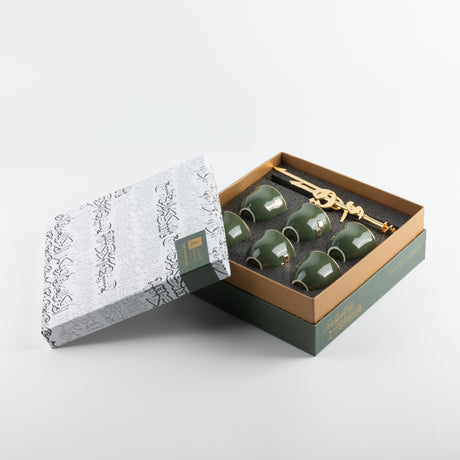 Liqa'a - Arabic Coffee Cups With Holder  - Olive Green  & Gold