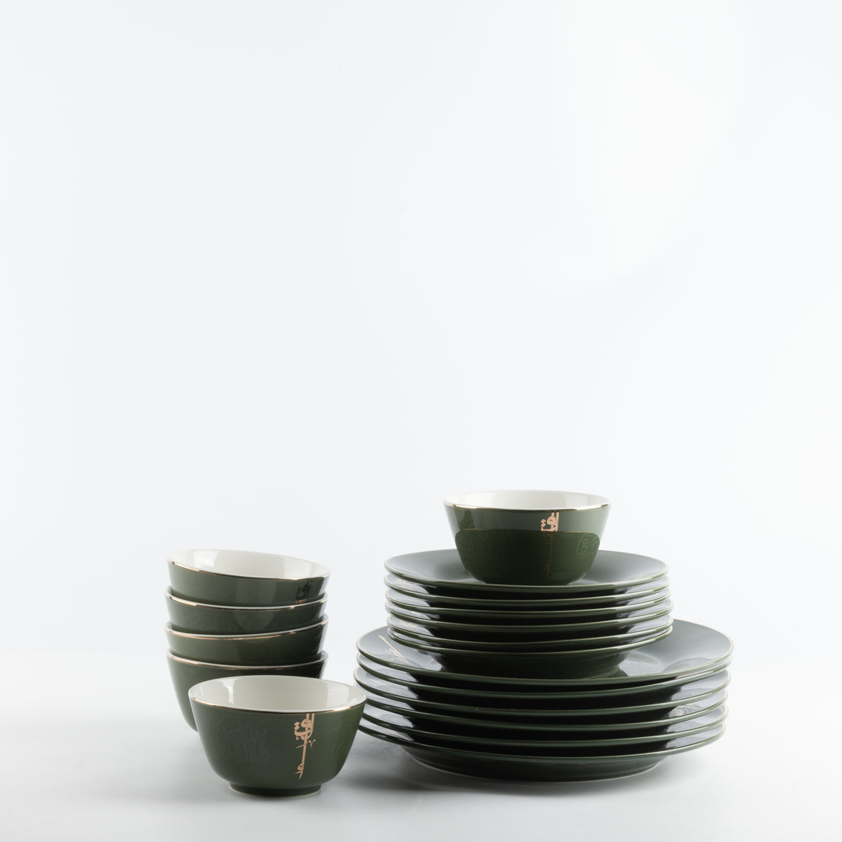 Liqa'a - Dinner Set (18-Pc) - Olive Green  & Gold