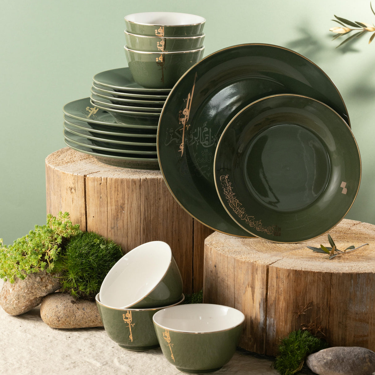 Liqa'a - Dinner Set (18-Pc) - Olive Green  & Gold