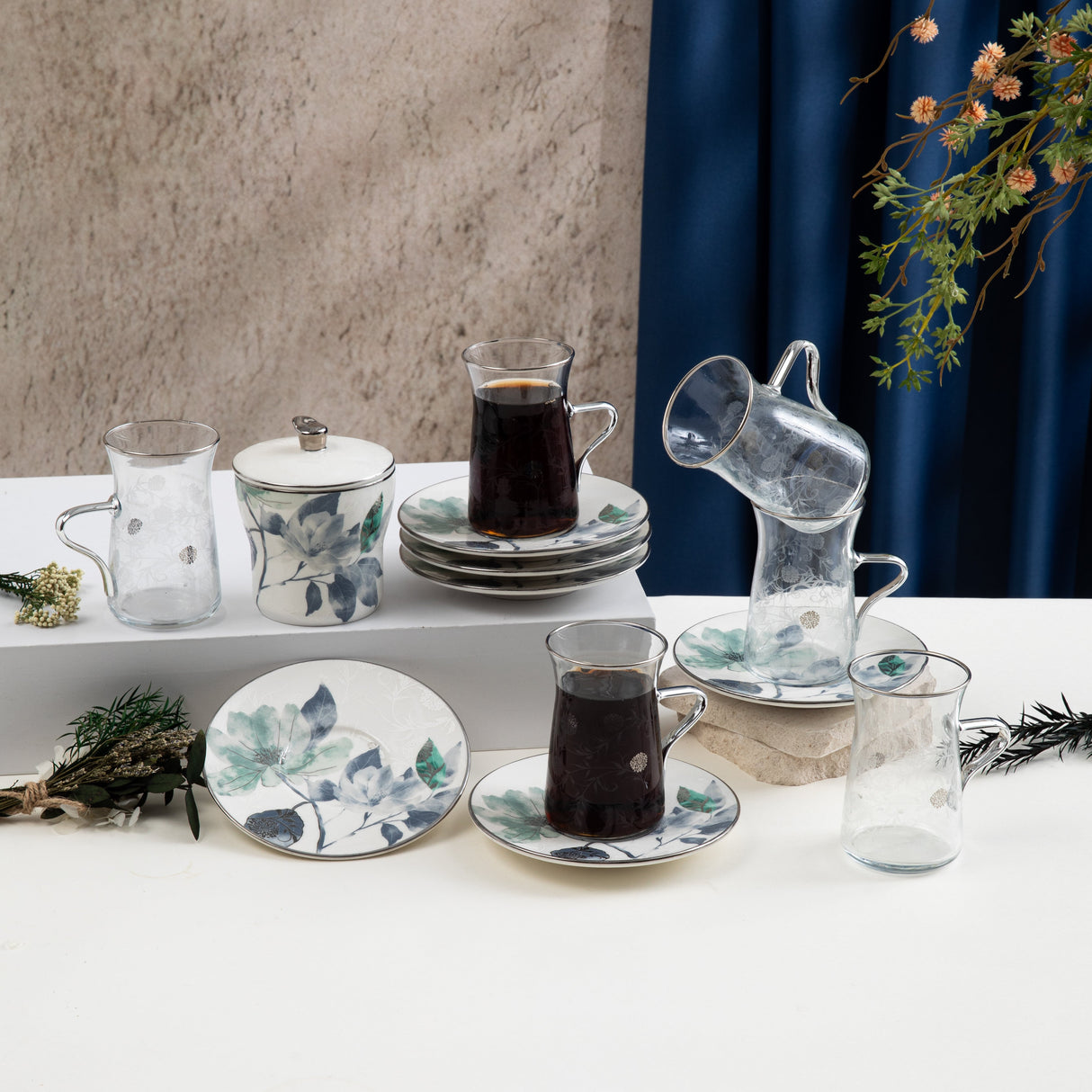 Marisella - Tea Set (13-Pc) - Blue & Silver