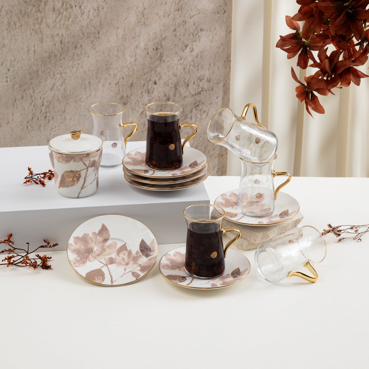 Marisella - Tea Set (13-Pc) - Pink & Gold