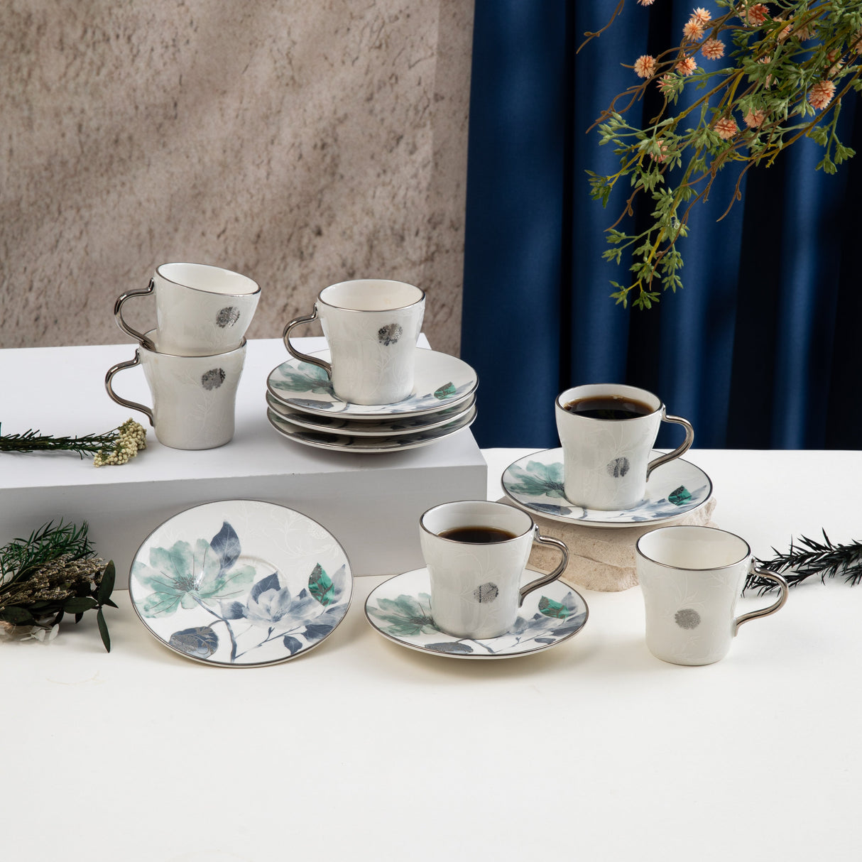 Marisella - Espresso/Turkish Coffee Set (12-Pc) - Blue & Silver