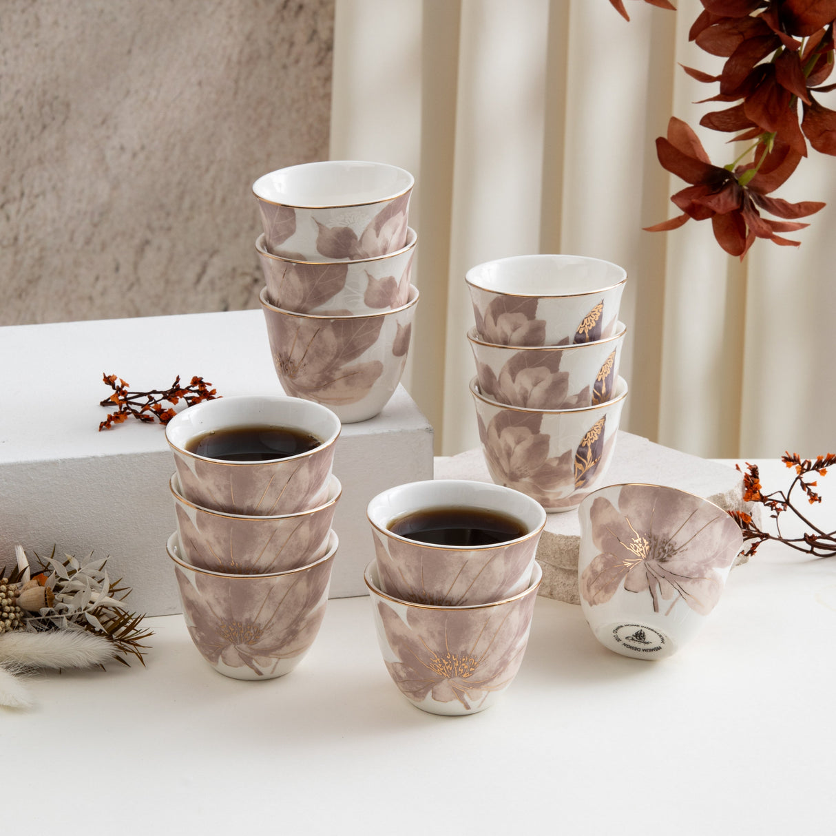 Marisella - Arabic Coffee Cups Set (12-Pc) - Pink & Gold
