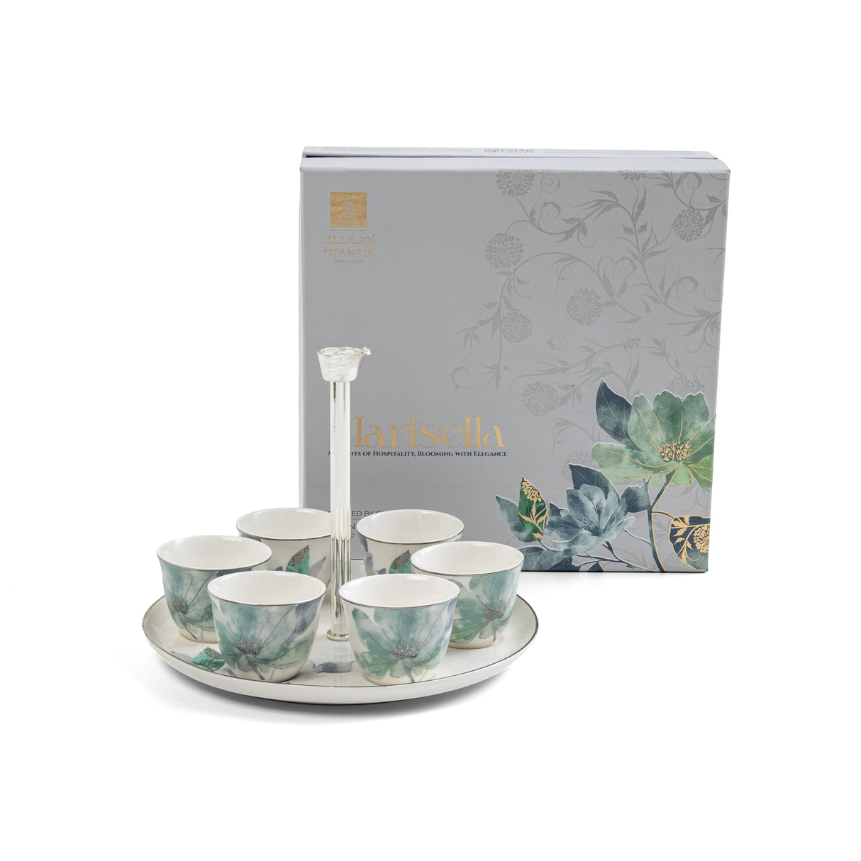 Marisella - Arabic Coffee Cups With Holder - Blue & Silver