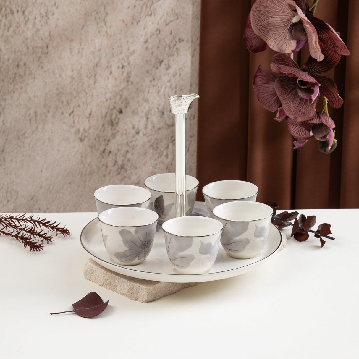 Marisella - Arabic Coffee Cups With Holder - Grey & Silver