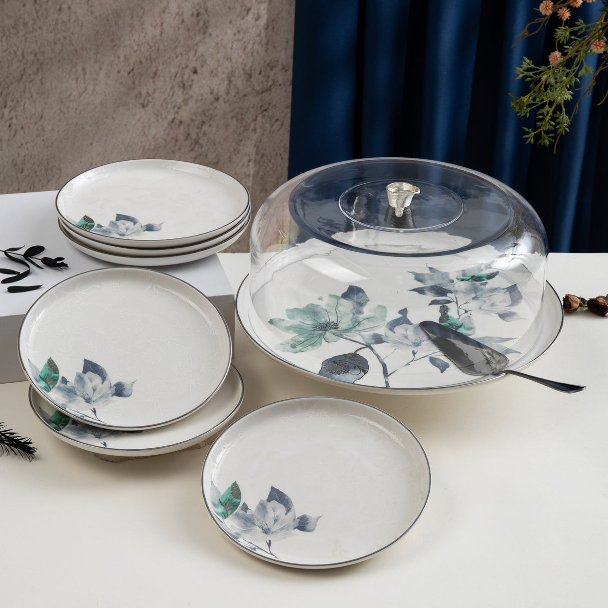 Marisella - Cake Set (9-Pc) - Blue & Silver