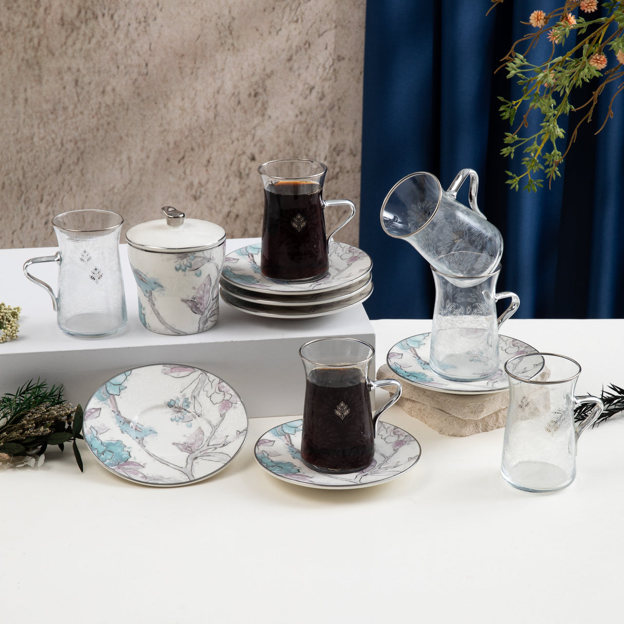 Khuzama - Tea Set (13-Pc) - Blue & Silver