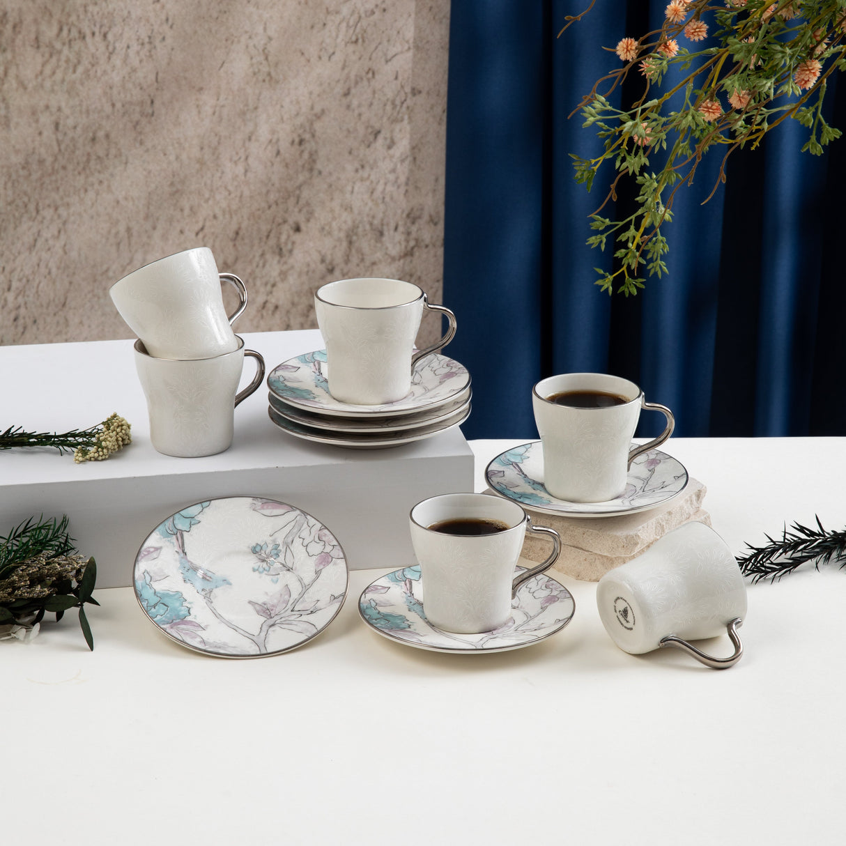 Khuzama - Espresso/Turkish Coffee Set (12-Pc) - Blue & Silver