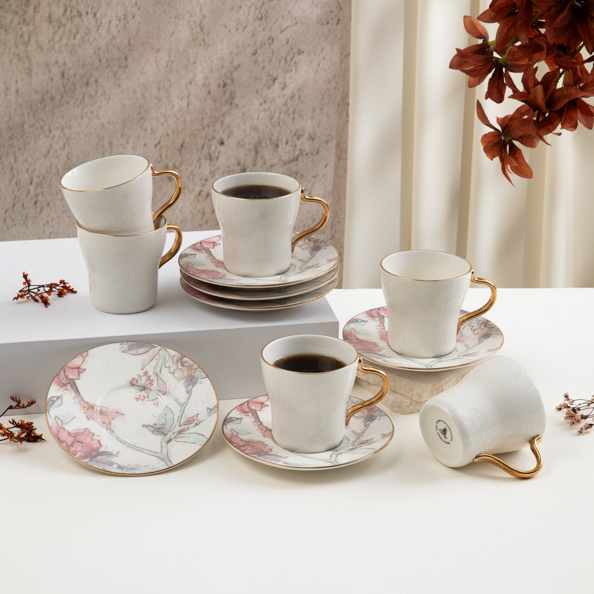 Khuzama - Cappuccino Set (12-Pc) - Pink & Gold