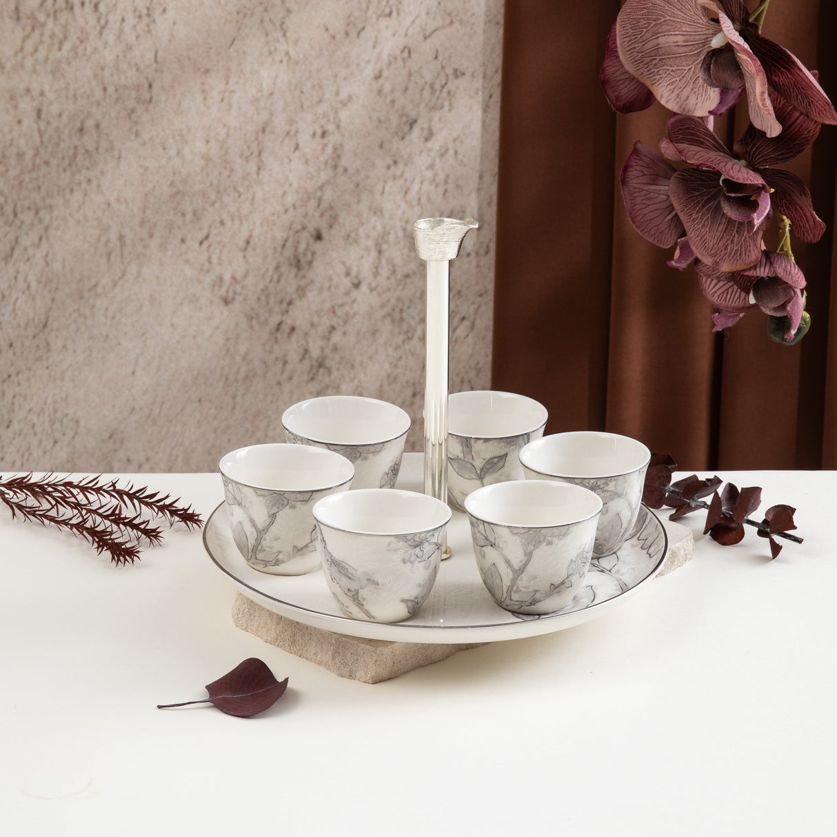 Khuzama - Arabic Coffee Cups With Holder - Grey & Silver