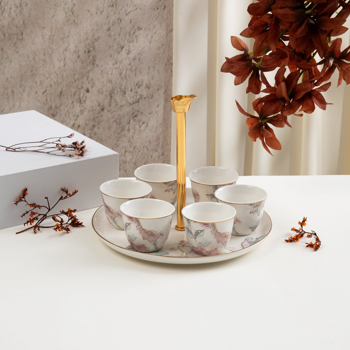 Khuzama - Arabic Coffee Cups With Holder - Pink & Gold