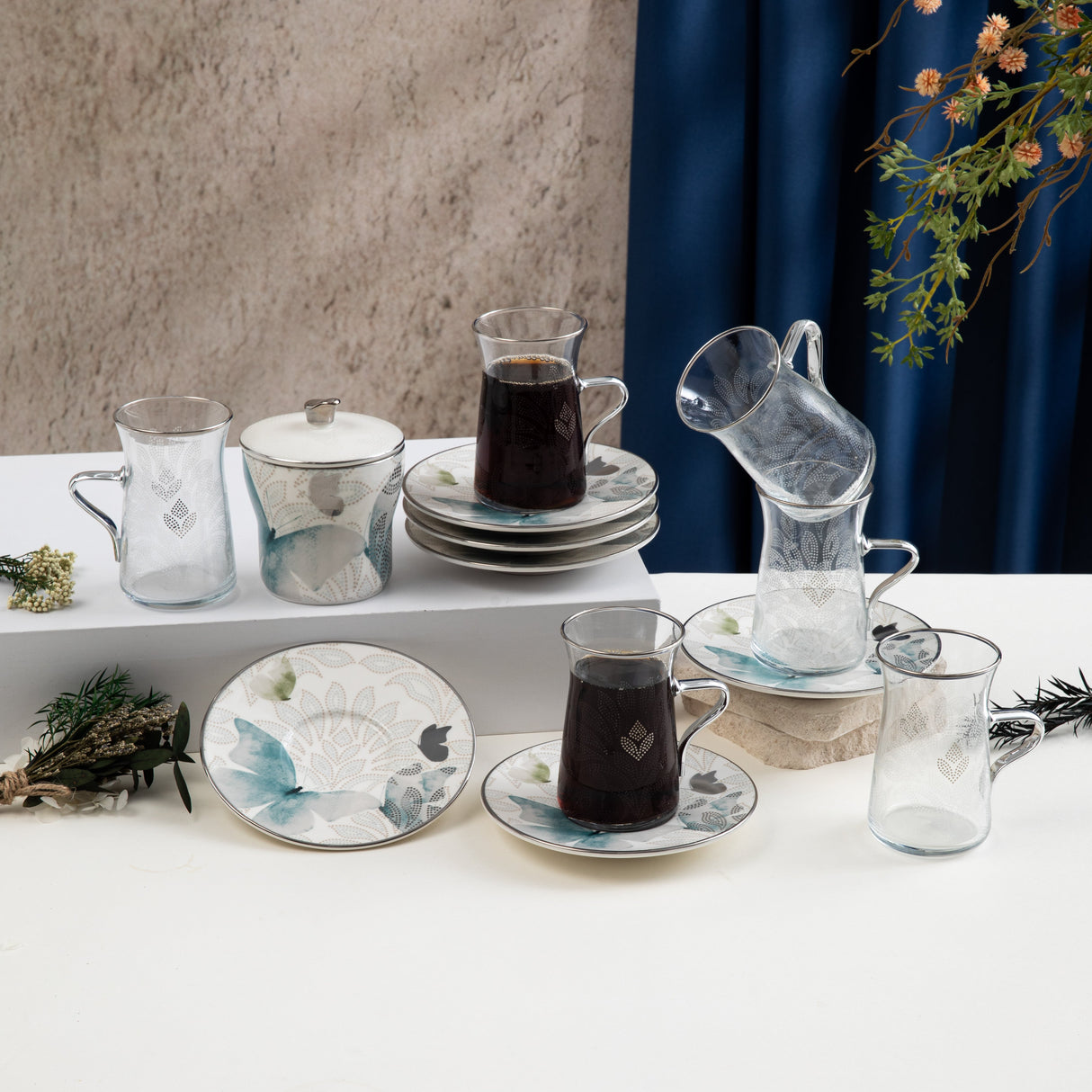 Veloura - Tea Set (13-Pc) - Blue & Silver