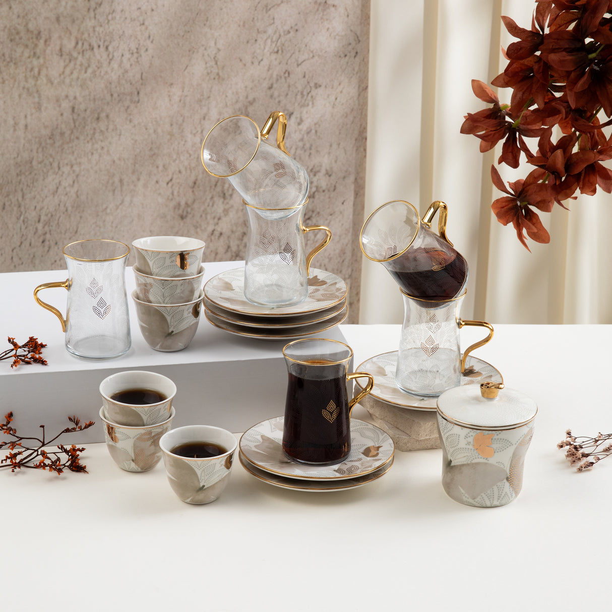 Veloura - Tea Set (19-Pc) - Brown & Gold