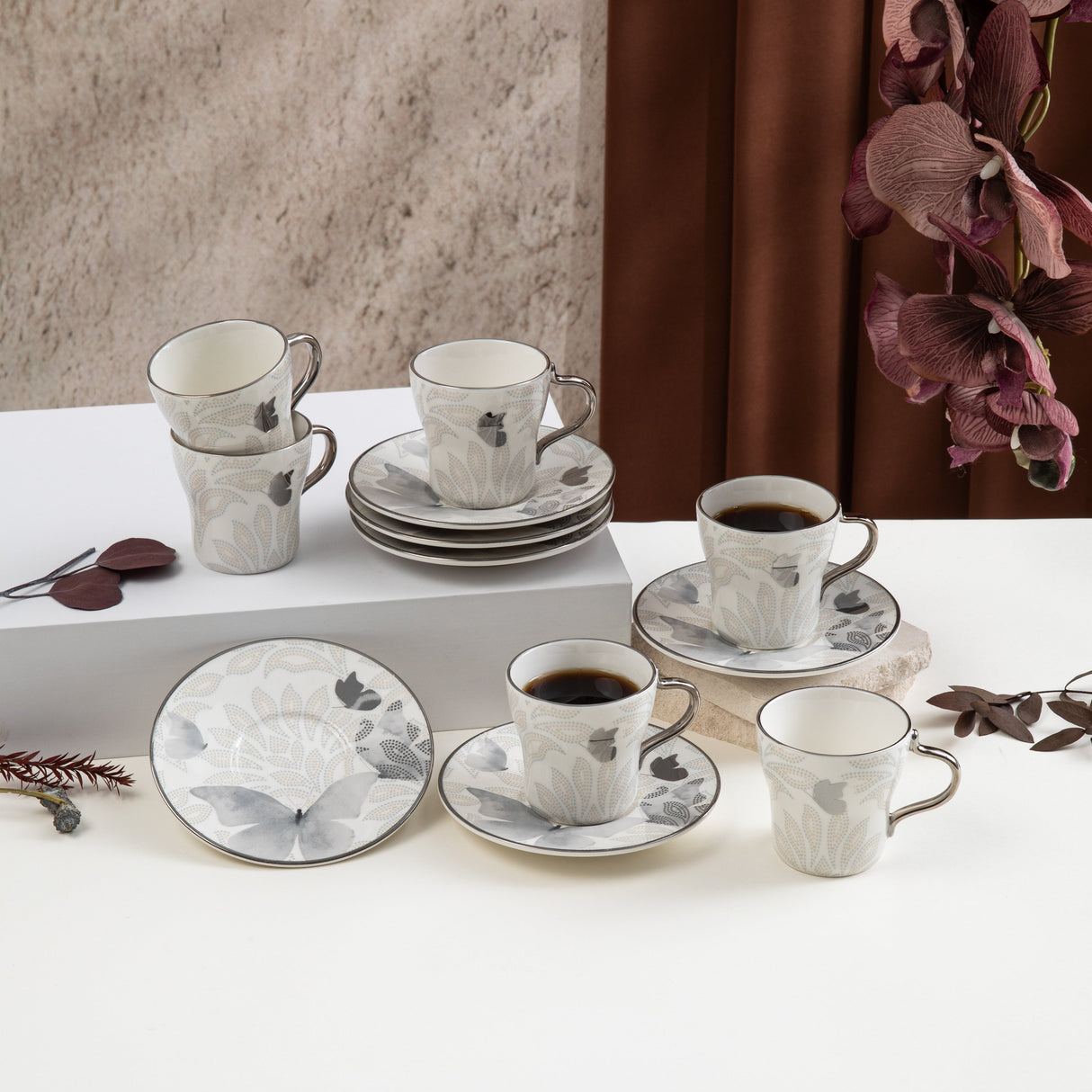 Veloura - Espresso/Turkish Coffee Set (12-Pc) - Grey & Silver