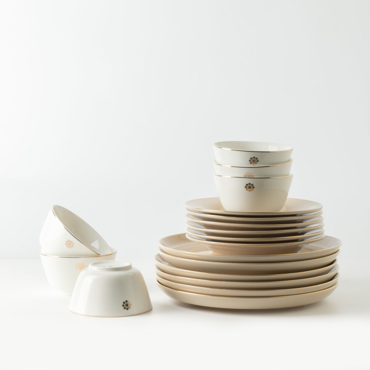 Mirral - Dinner Set (18-Pc) - Beige & Gold