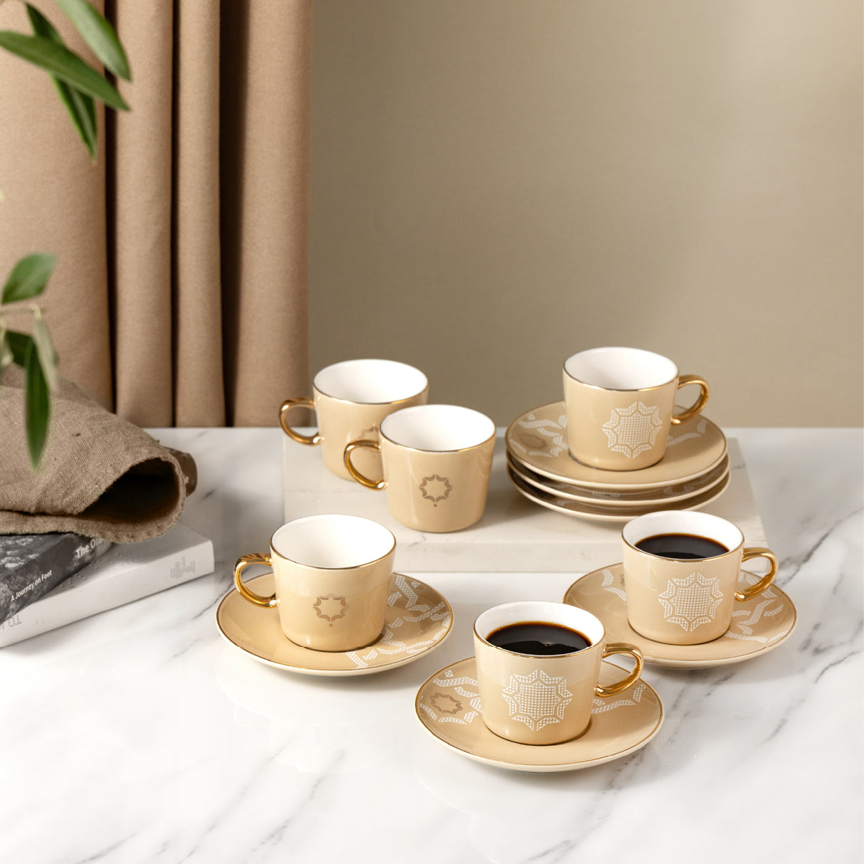 Octara - Espresso/Turkish Coffee Set (12-Pc) - Ivory & Gold