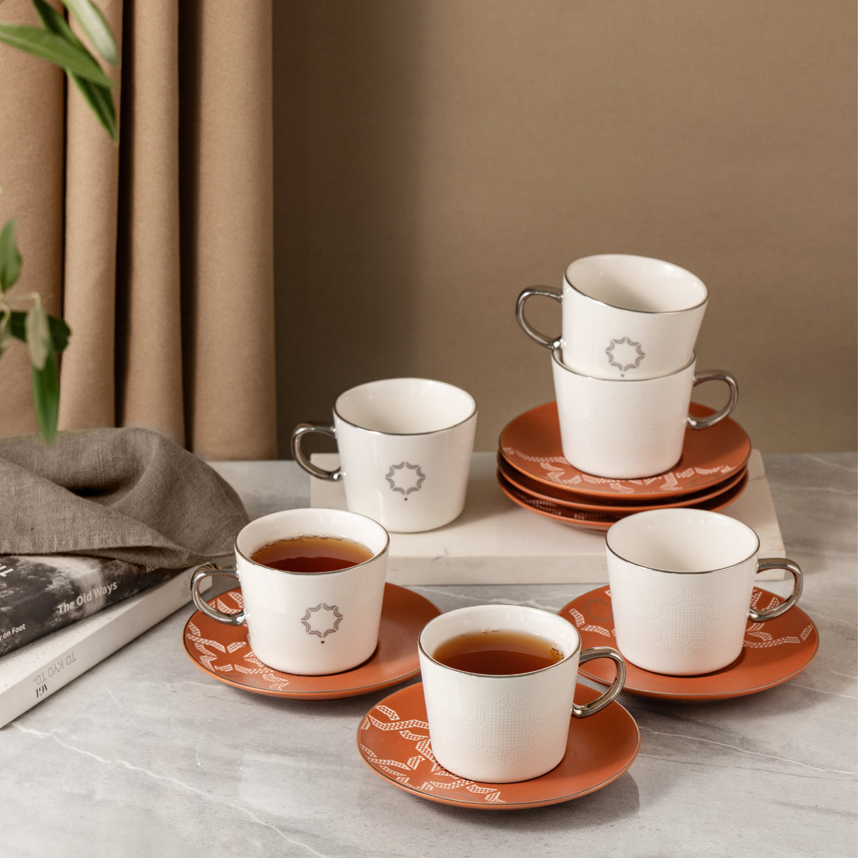 Octara - Cappuccino Set (12-Pc) - Orange & Silver