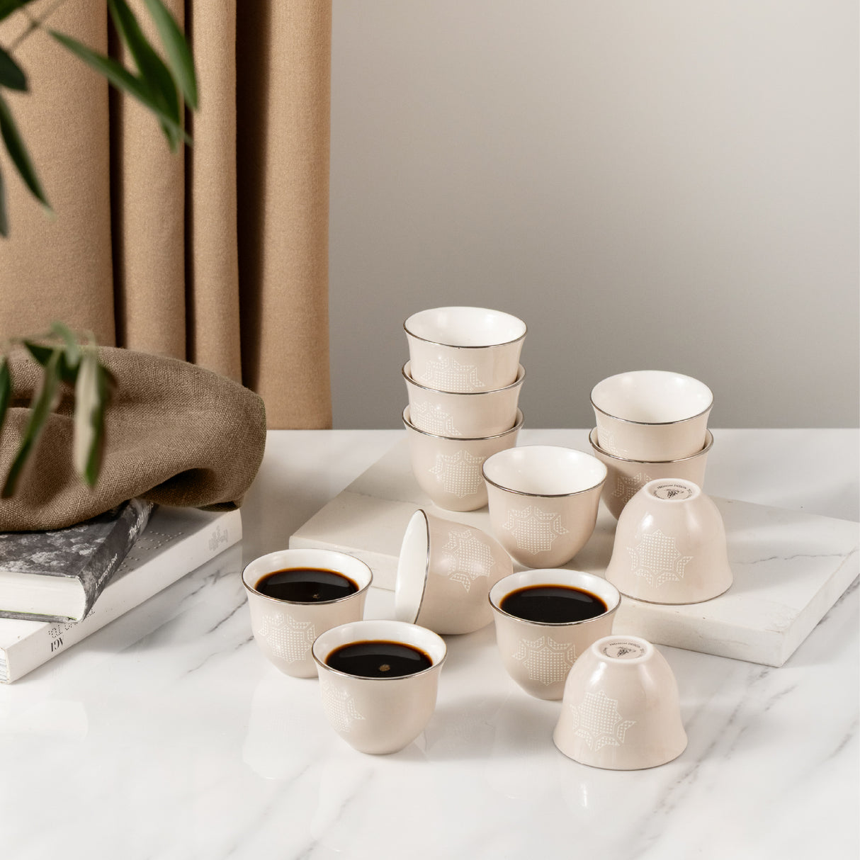 Octara - Arabic Coffee Cups Set (12-Pc) - Beige & Silver