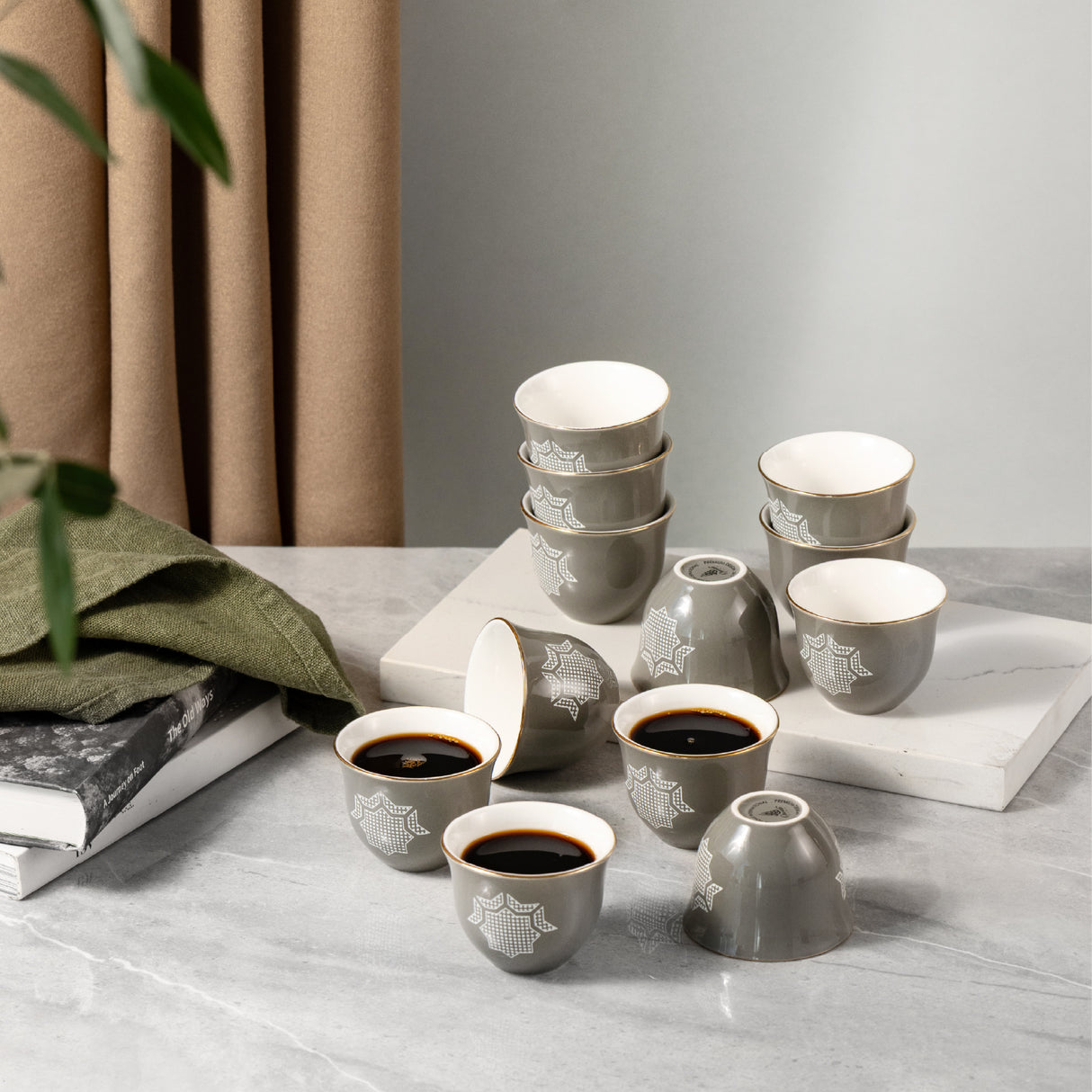 Octara - Arabic Coffee Cups Set (12-Pc) - Grey & Gold