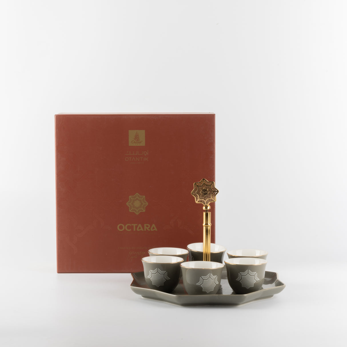 Octara - Arabic Coffee Cups With Holder - Grey & Gold