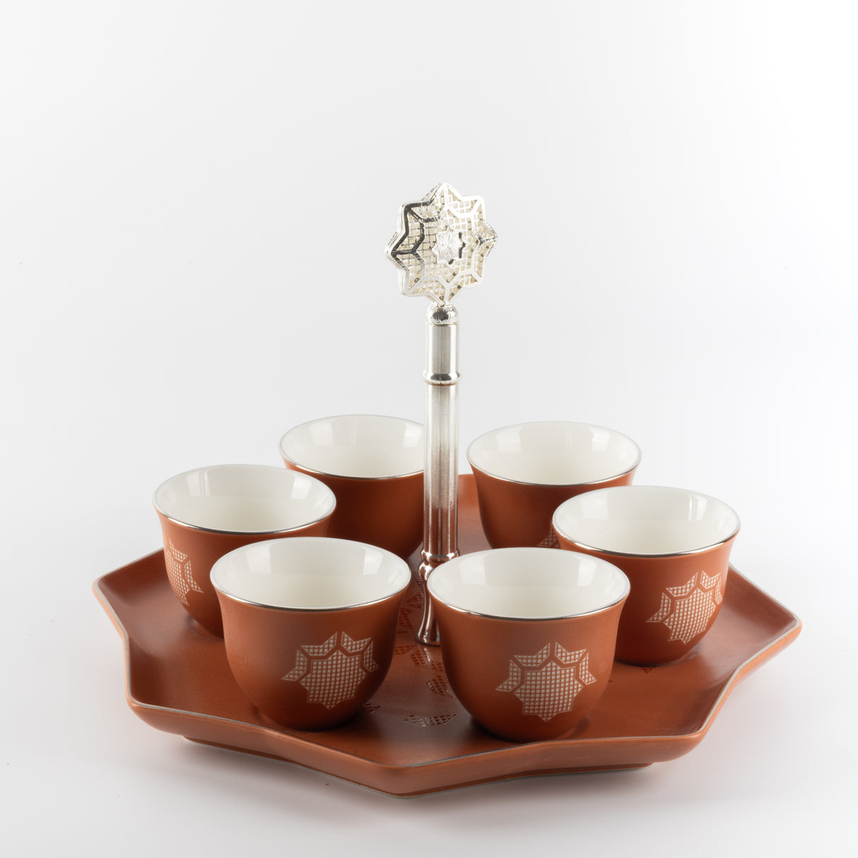 Octara - Arabic Coffee Cups With Holder - Orange & Silver