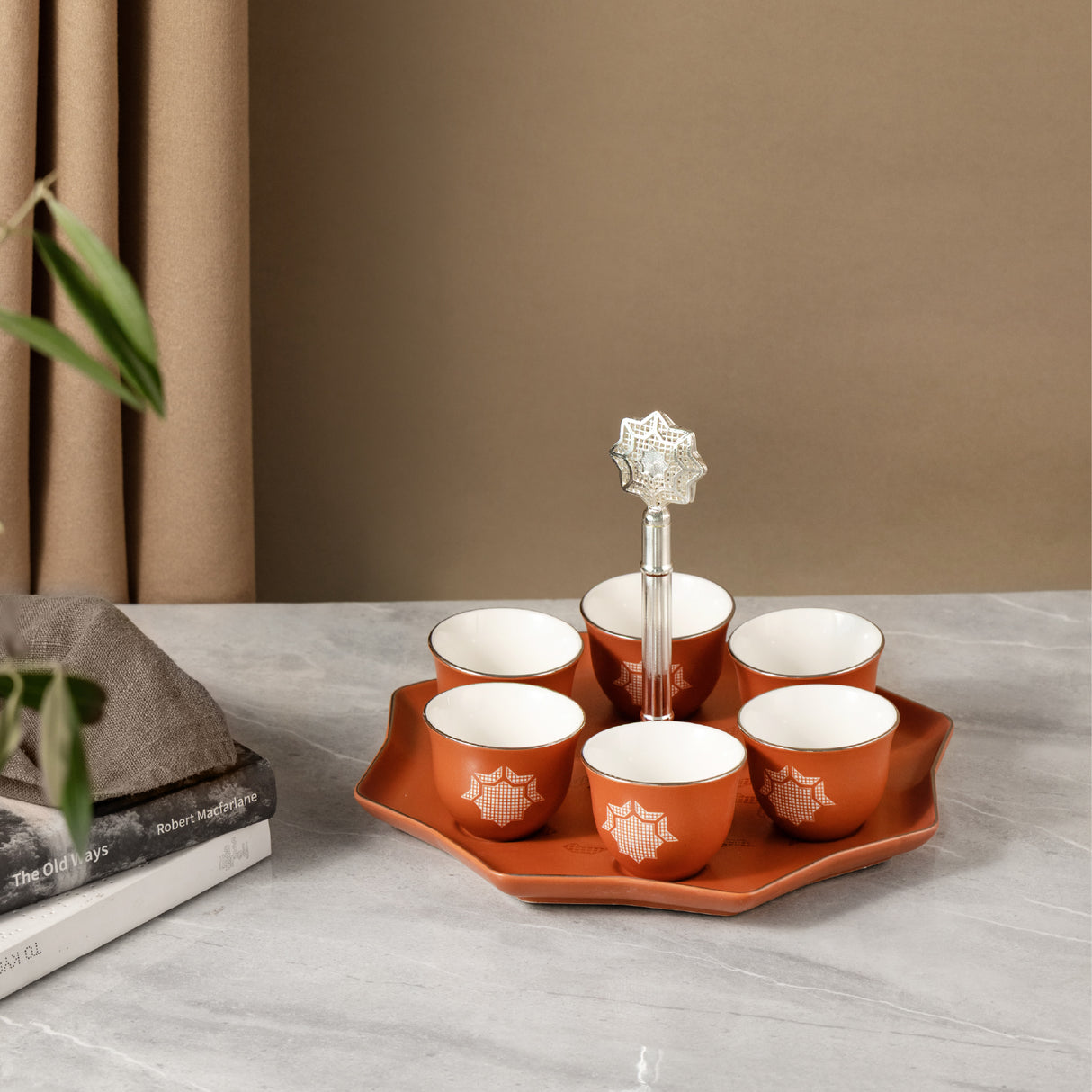 Octara - Arabic Coffee Cups With Holder - Orange & Silver
