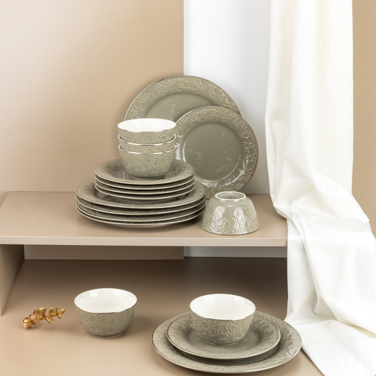 Nourhan - Dinner Set (18-Pc) - Soft Sage & Silver