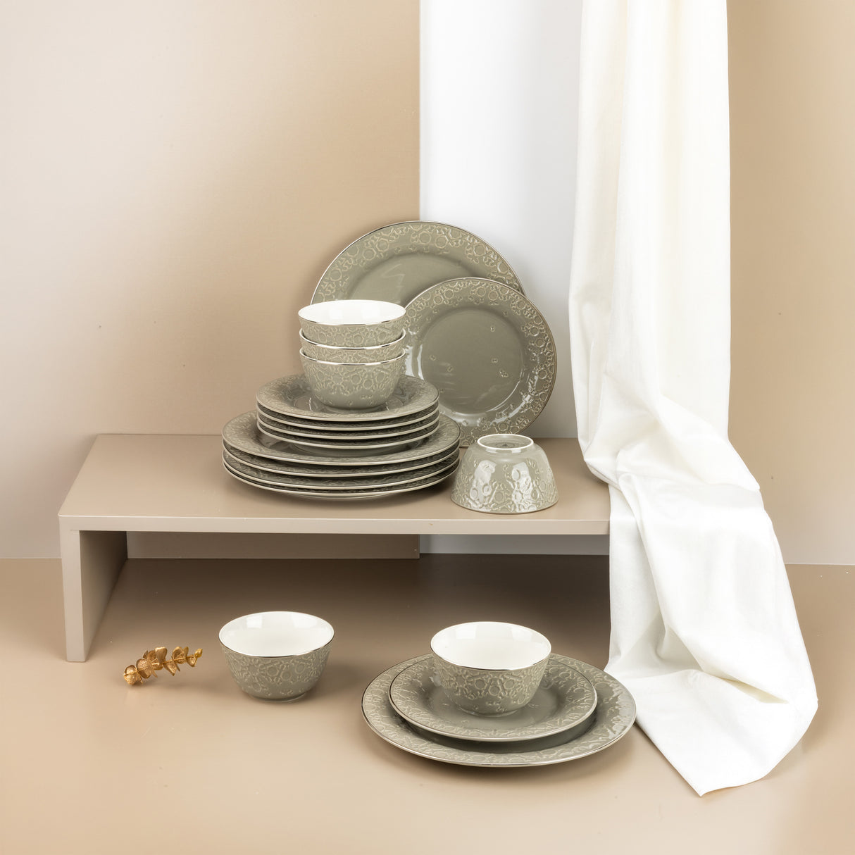 Nourhan - Dinner Set (18-Pc) - Soft Sage & Silver