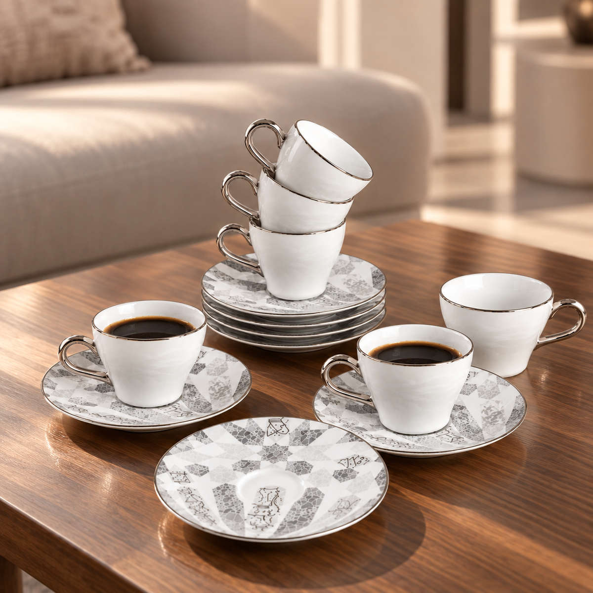 Amal - Espresso /Turkish Coffee Cups, (12-Pc)- Grey & Silver