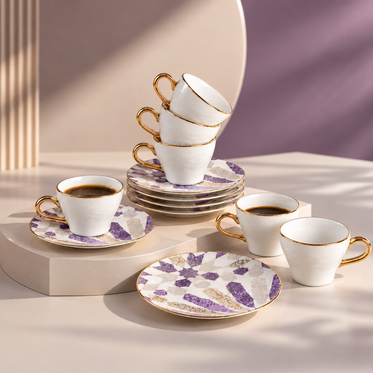 Amal - Tazas de café expreso/turco, (12 piezas) - Púrpura y dorado